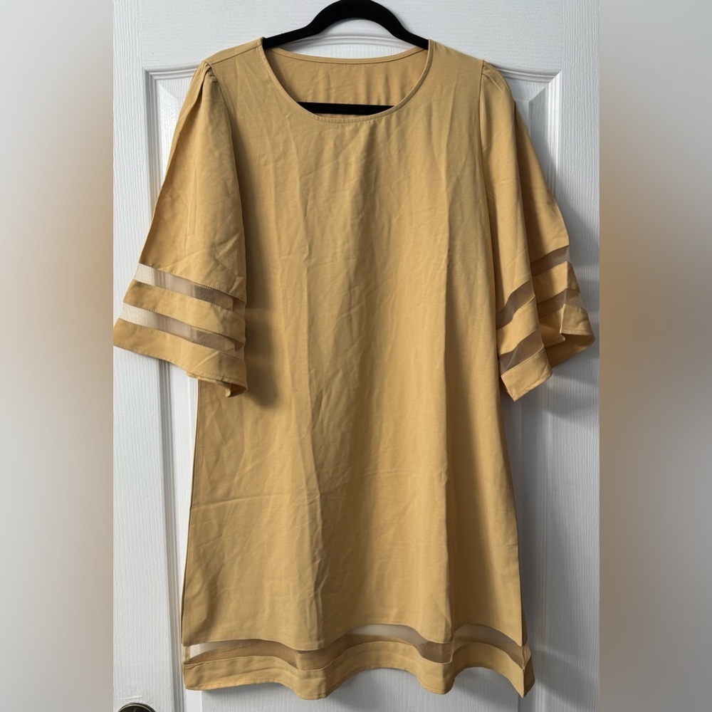 Women's Casual Knee Length Crewneck Mesh Panel Loose Dress in Desert Dust - Picture 5 of 9